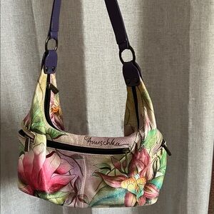 Anuschka Artistic Floral Shoulder Bag - Pink and Purple